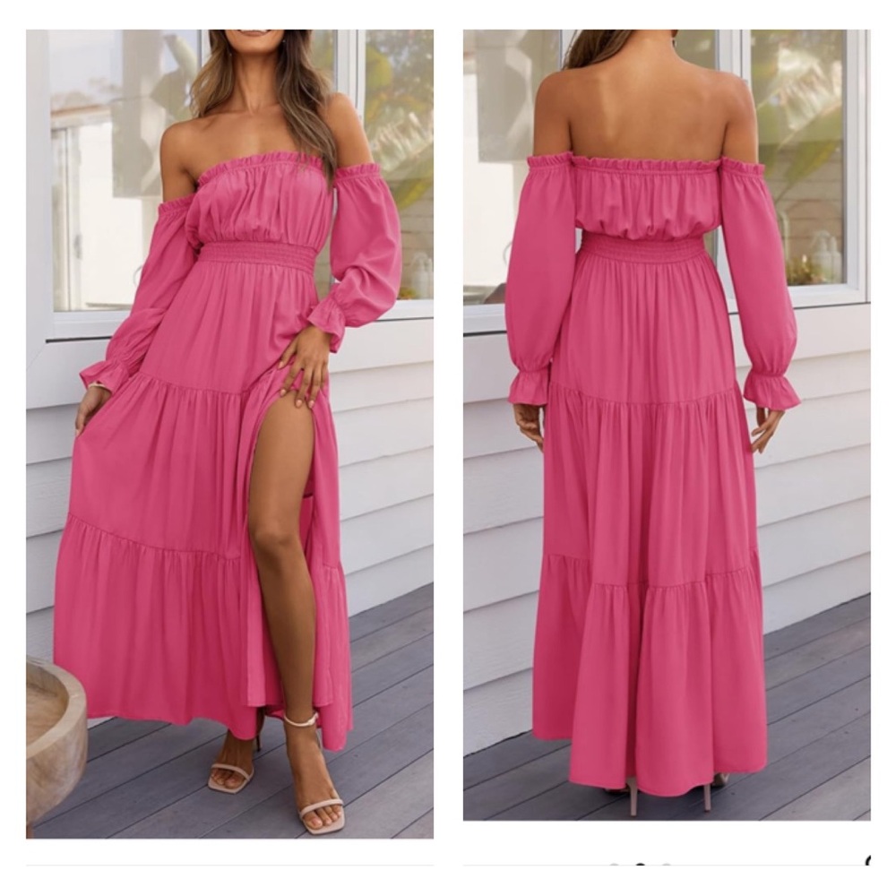 Elegant rose Pink Off-Shoulder Maxi Dress